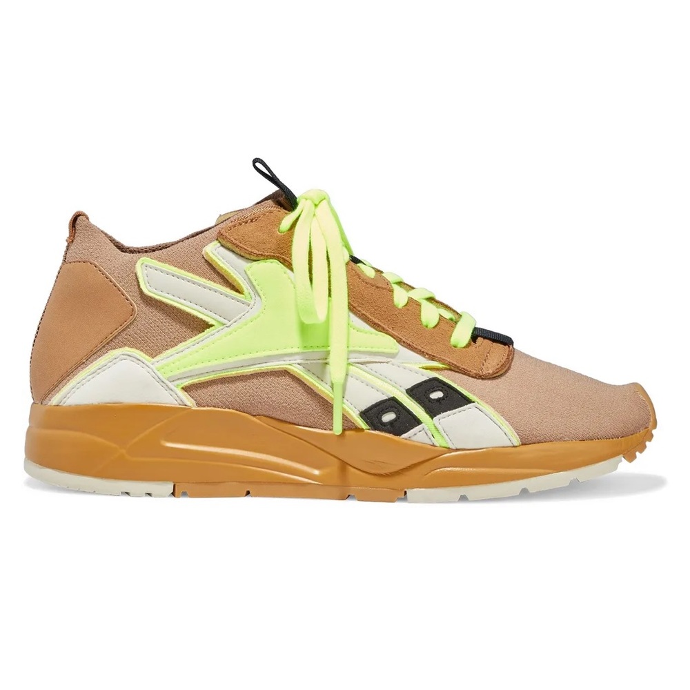REEBOK X VICTORIA BECKHAM Neon-trimmed stretch-knit, leather and suede sneakers